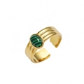 Adjustable gold plated hollow wide ring with oval green malachite stone inlay - Oval Malachite Texture