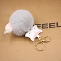 Detail of grey plush fox head keychain with gold metal ring on a brown background - Light Gray