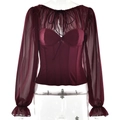 Sexy burgundy corset top with sheer mesh long sleeves and drawstring tie front - Burgundy