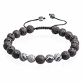 Détail des perles en pierre de lave noire et perles rayées sur cordon ajustable - Style de Perles à Rayures Noires et Blanches Tressées (Style-03)