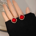 Elegant geometric gold stud earrings with square red stones and sparkling white zircons - E4938-1 Gold Red Square Gemstone