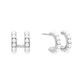 Detail of elegant silver double-row pearl stud earrings with a minimalist semi-hoop design - Silver Double Row Pearl Huggies (JQH0033-SS)