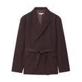 Women's dark coffee blazer set with long sleeves and a matching belt in a flat lay view - XS / Tops / Dark Brown