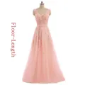 Pink V-neck evening gown featuring intricate lace embroidery and a tulle floor-length skirt - L / Pink Floor Length