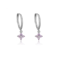 Silver hoop earrings with a pink zircon flower pendant in a minimalist design - Silver Purple Stone