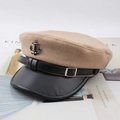 Khaki wool beret with black leather brim and anchor emblem for a vintage style - Mixed Material Flat Top / Khaki