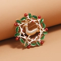 Christmas reindeer brooch in gold finish with green enamel wreath and red berry accents - WBR202 Green KC Gold Wreath
