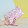 Pink daisy print canvas wristlet bag with double zipper and floral pattern - Pink