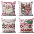 Set of 4 pink retro Christmas pillow covers with Santa and truck festive illustrations - Retro Pink Xmas