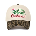 Close-up of Merry Christmas embroidery on cream baseball cap with leopard print brim - Leopard Print