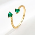 Gold plated adjustable open ring featuring green heart zircon and beaded edge design - May (Green)
