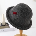 French vintage plush bucket hat in grey with red velvet bow for winter warmth - 56-58cm / Gray
