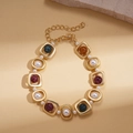 Detail of vintage gold necklace with colorful pearls and emerald beads on stone - 65# Bracelet Stone Pearl Round Beads Geometric Hollow