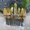 Handmade yellow crystal hair comb with triple moon pentagram on natural mossy stone - Citrine Black Wire Silver Moon