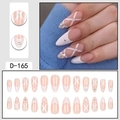 French almond press-on nails with white stripe patterns and sparkling rhinestones - Nude Pink White Geometric Line Rhinestone Style (D-165) / 24 Pcs/Set