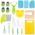 16-piece kids kitchen tool set with green plastic knives and wooden cutting board - 17-Piece Set (PE Bag)