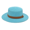 Detail of a sky blue straw boater hat featuring a brown faux leather band and gold buckle - M (56-58cm) / Lake Blue