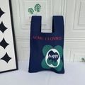 Navy blue knitted tote bag with green lucky clover and happy letter jacquard pattern - HAPPY Navy