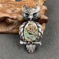 Vintage owl pendant brooch with oval abalone shell and black gemstone eyes - Abalone Shell