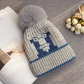 Berretto invernale in maglia grigia per bambini con motivo robot e pompon - Robot Grigio