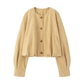 Women's minimalist short faux suede jacket in light brown with round neck and buttons - XS / Earthy Yellow