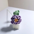 Handmade crochet peony flower in purple yarn with yellow stamen and green leaf on white stand - Small Purple Peony / Single Stem Finished