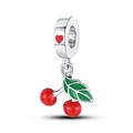 Detail of 925 silver cherry pendant with red enamel fruit and green leaf charm - Cherry Pendant