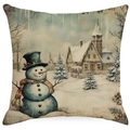 Vintage snowman illustration pillow case with rustic snowy village and top hat design - YMD511-18 (Top Hat Snowman)
