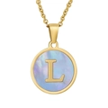 Golden necklace featuring a round purple shell pendant with inlaid capital letter L - Gold Initial L (With Chain)