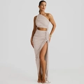 Detail of beige two-piece dress featuring one-shoulder crop top and pleated side slit skirt - S / Gray