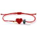 Red braided heart bracelet with green evil eye bead and gold accents, adjustable strap - Green Evil Eye