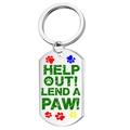 Detalle de placa para mascotas en acero con huellas de colores y eslogan de ayuda - HELP OUT! LEND A PAW / Color Acero 003