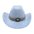 Light blue western cowboy hat with ethnic band and turquoise stone accent - One Size / Oval Blue Stone Decoration / Light Blue