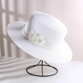 White woven straw sun hat with decorative pearls and white fabric flower accent - Double Flower Pearl Flat Top Straw Hat White