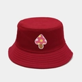 Close-up of mushroom embroidery and parallel stitching on a dark red cotton bucket hat - M (56-58cm) / Cute Mushroom Wine Red