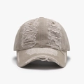Distressed khaki washed cotton baseball cap with vintage frayed edges and torn details - Khaki