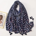 Elegant navy blue scarf with white polka dots, red circles, and stylish fringe details - C1221 Navy Polka Dot Ring