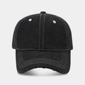 Detail of black denim baseball cap showing white contrast stitching on curved brim - Adjustable / Black