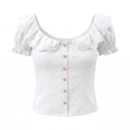 White embroidered puff sleeve top with lace collar and red checkered buttons - S / White