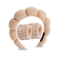 Beige sponge headband and wristband set in soft terry cloth for facial cleansing - Light Khaki Terry Headband + 2 Wristbands