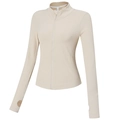 Chaqueta deportiva beige ajustada con cuello alto y agujeros para pulgares running - S / Beige