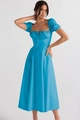 Detail of light blue puff sleeve dress featuring a square neckline and high-quality fabric - S / Bottoms / Lake Blue (Puff Sleeve)