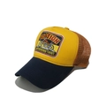 Detail of vintage motocross team embroidery on a yellow and navy mesh trucker hat - M (56-58cm) / Yellow
