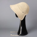 Detailed knit texture of a beige summer bucket hat with elegant chin straps and wide brim - M(56-58cm) / Beige