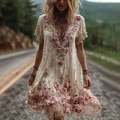 Bohemian off-white maxi dress with pink floral embroidery and lace details - S / Beige Pink 3D Floral (SJWJL-VDQ-02)
