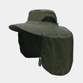 Detailed view of sun hat with neck flap, breathable mesh and adjustable windproof cord - One Size / Army Green