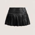 Minigonna a pieghe sexy in ecopelle nera con doppie fibbie argentate in stile punk - S / Nero