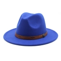 Close-up of bright blue felt fedora with embossed leather band and metallic buckle - M (56-58cm) / Blue