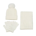 Detail van crème kabelgebreide winterset inclusief een pompon muts, sjaal en wanten - 3-delige set / Wit