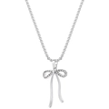Gros plan d'un collier avec pendentif nœud argenté serti de zircons sur une chaîne à maillons - Or Blanc